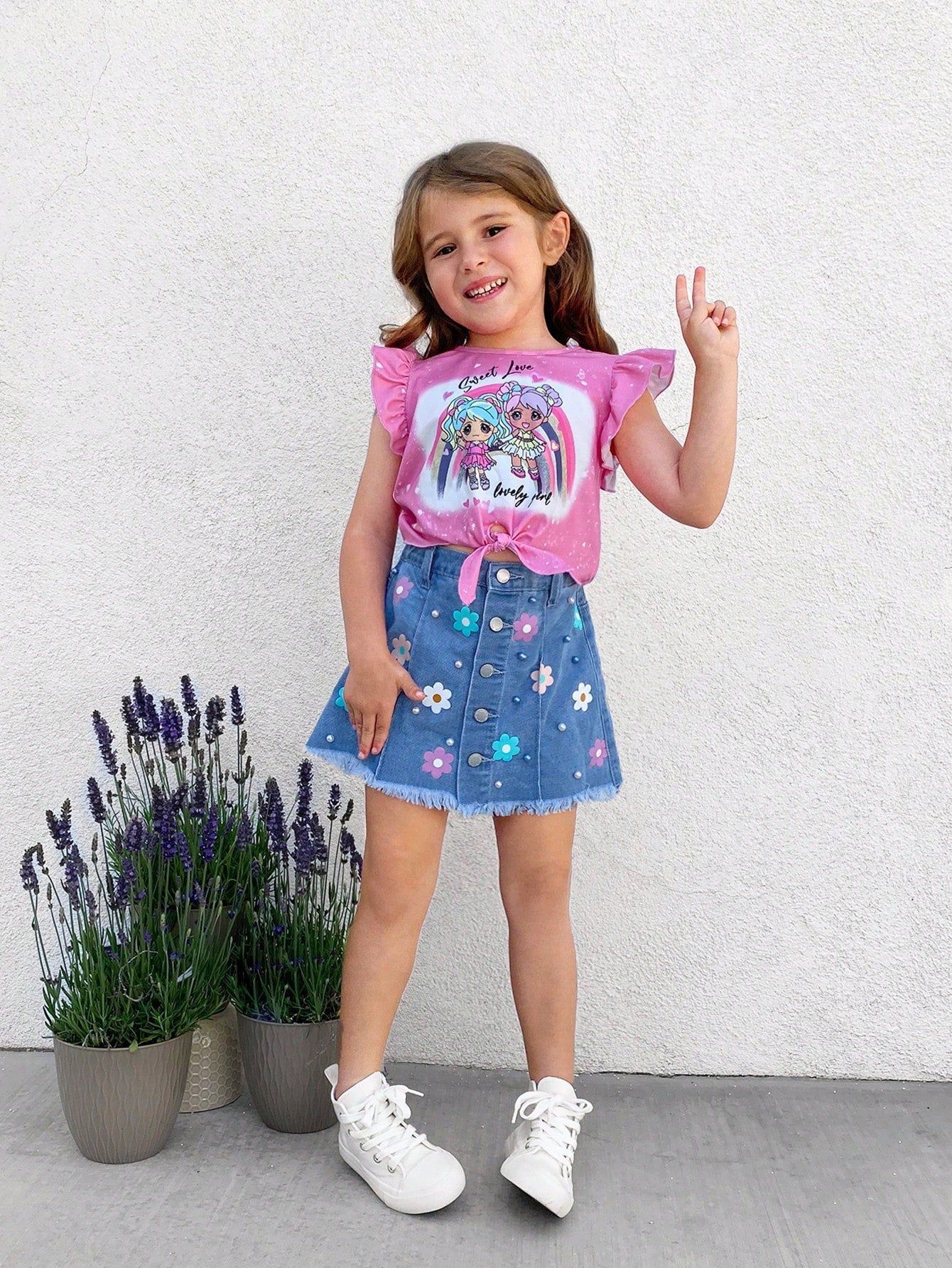 Young Girl Denim Skirt With Print, Studs And Washed Effect, Ideal For Cute And Playful Holiday Look