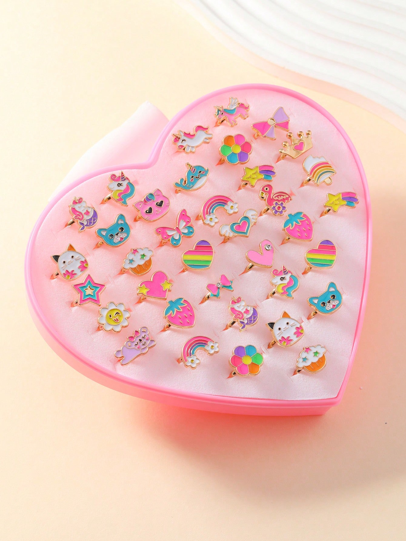 36pcs/Set Girls' Colorful Animal & Crown Design Adjustable Resin Rings