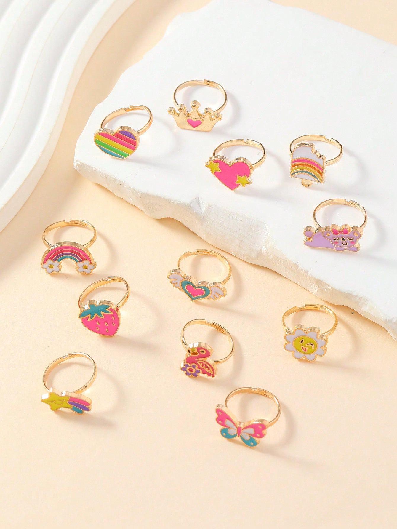 1set/12pcs Girls' Adjustable Alloy Animal, Rainbow, Crown Shaped Oil Drop Ring