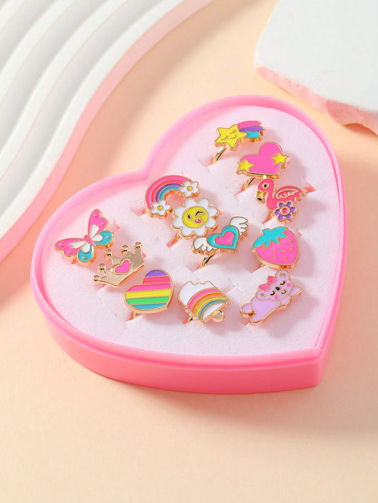 1set/12pcs Girls' Adjustable Alloy Oil Drop Shape, Animal, Rainbow & Crown Design Rings