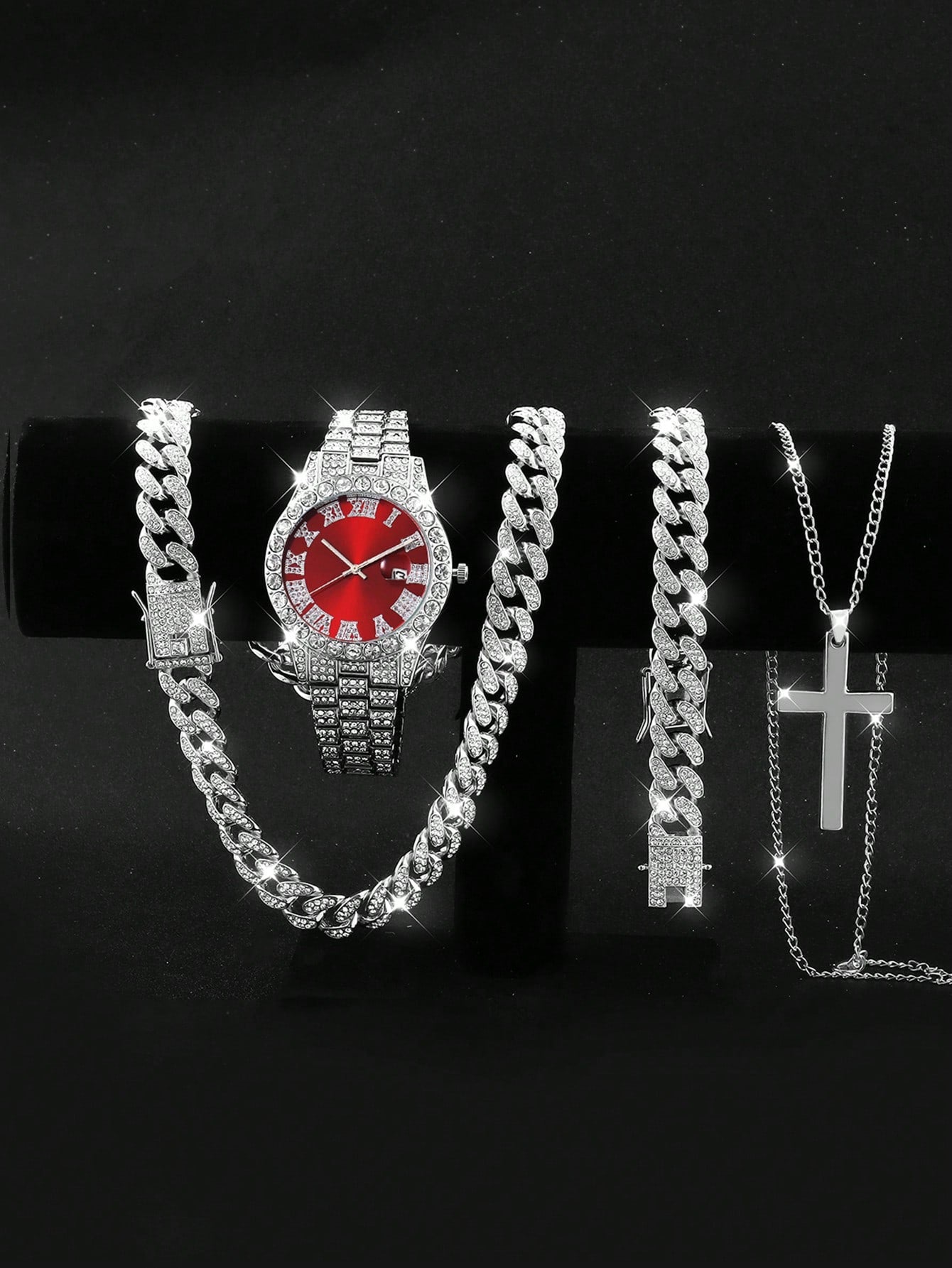 4pcs Toddler Boys' Hip Hop Chain Set Including Stylish Watch, Necklace, And Bracelet, Father's Day Gift