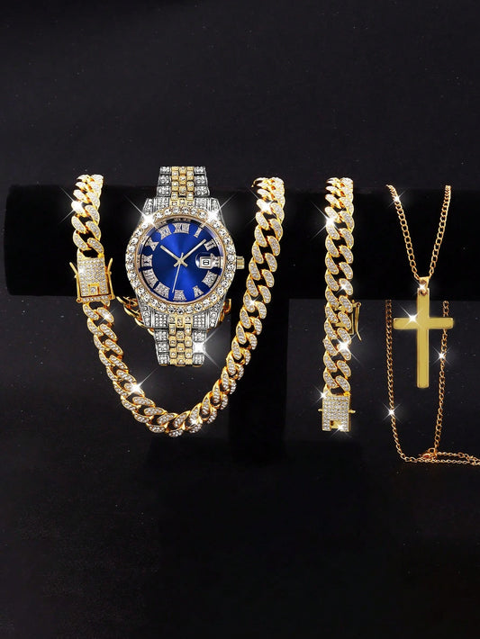 4pcs Toddler Boys' Hip Hop Chain Set Including Stylish Watch, Necklace, And Bracelet, Father's Day Gift