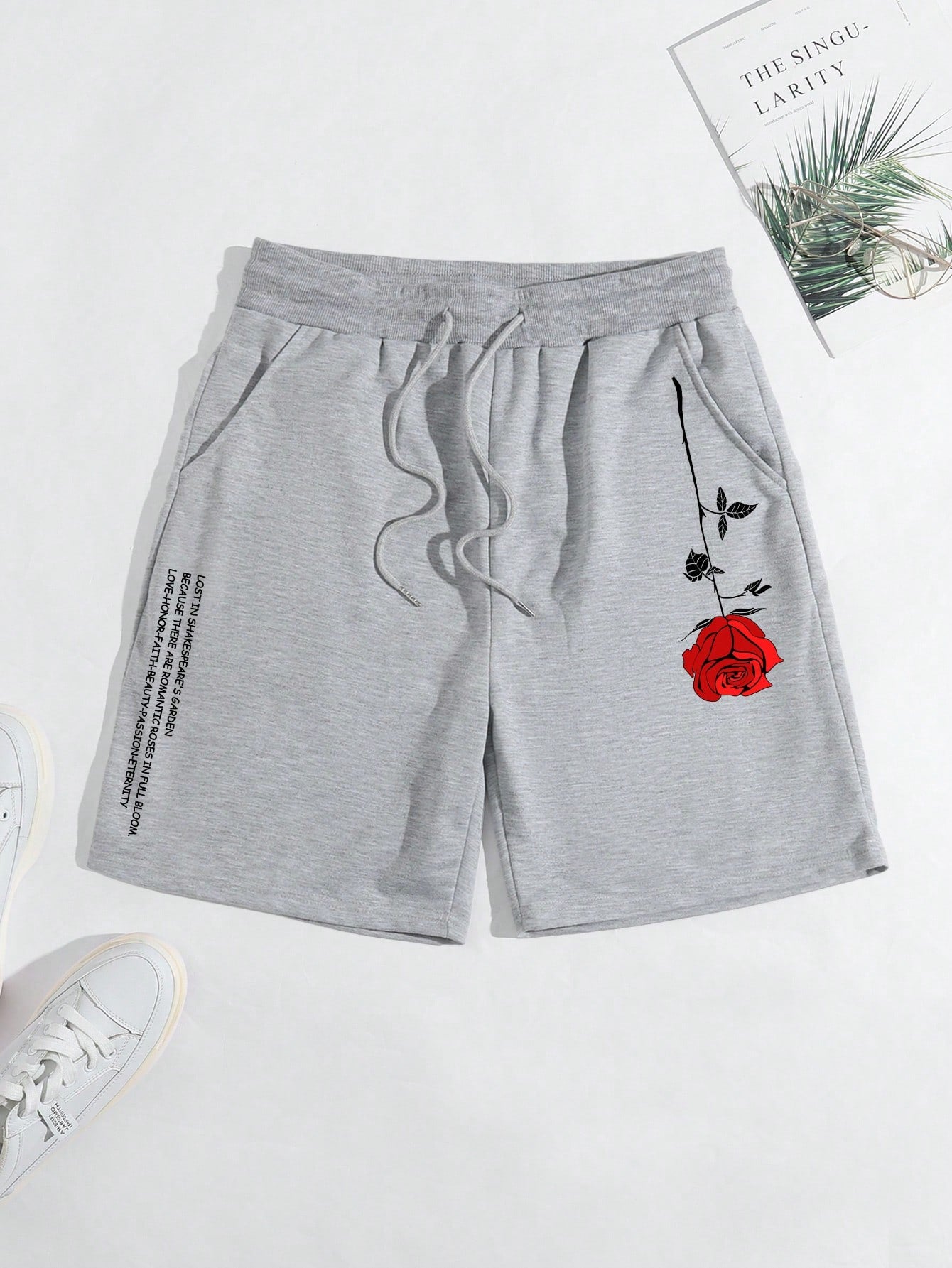 Men'S Floral And Slogan Printed Drawstring Waist Shorts