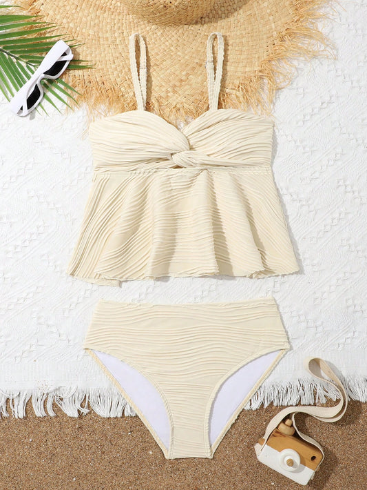 Girl's Spaghetti Strap Bikini Set With Ruffled & Twist Hollow-Out Details, Two-Piece Swimsuit Flattering Tummy