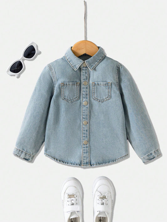 Young Boy Casual Fashion Comfortable Simple Look Loose Blue Long Sleeve Denim Shirt Top For Vacation And Dailywear