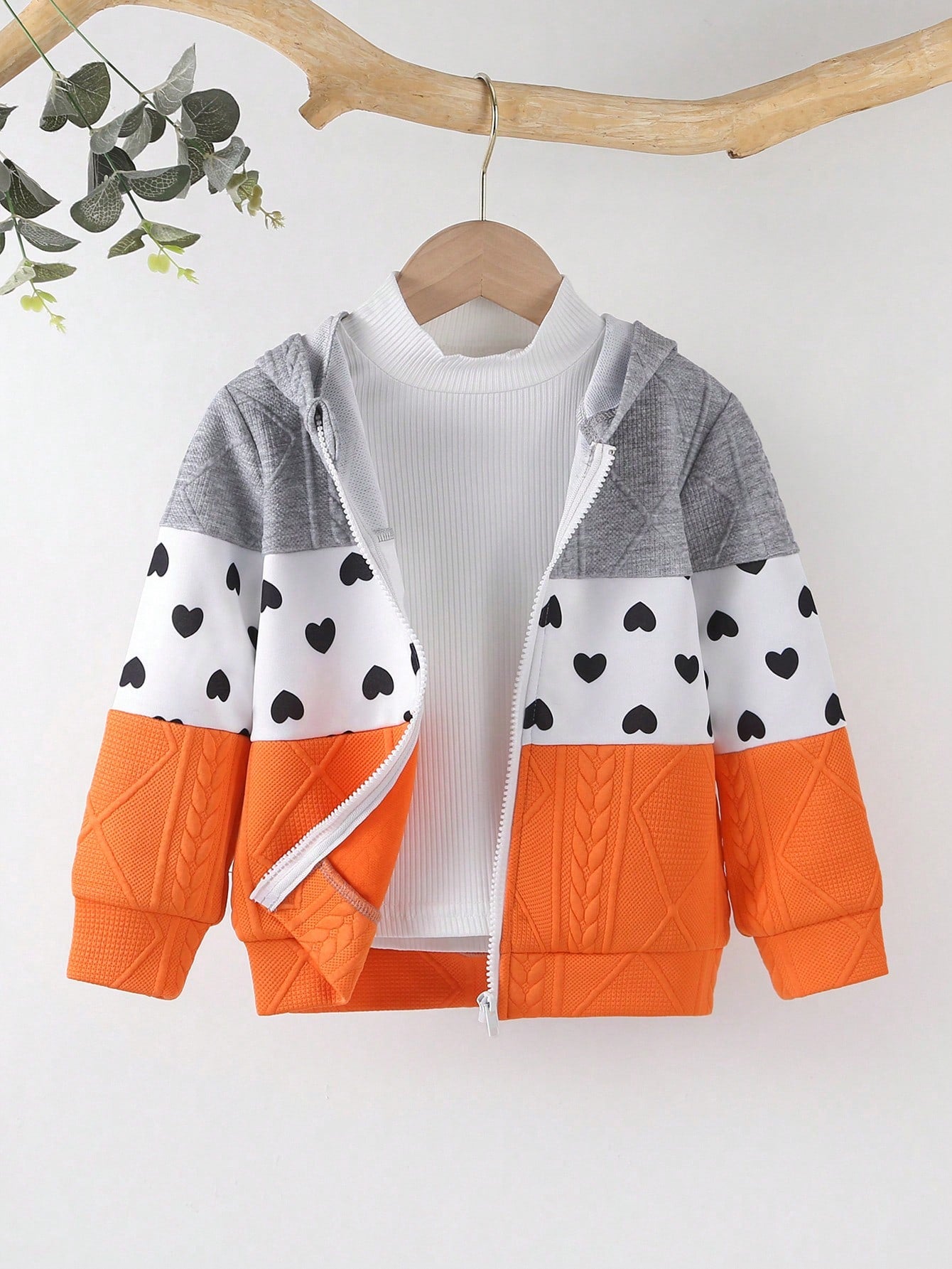 Young Girl Heart Print Colorblock Zip Up Hoodie Without Sweater