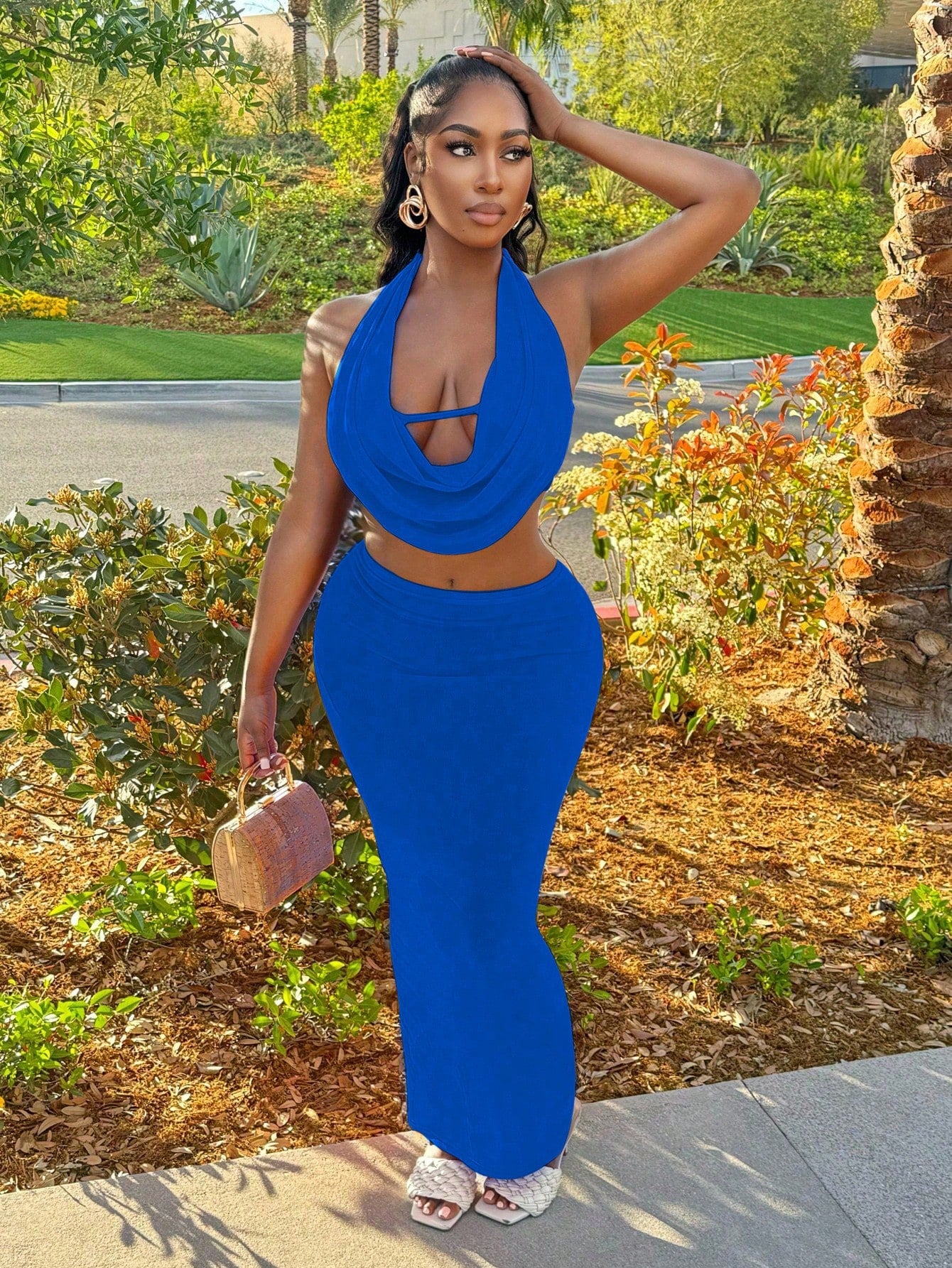 Women Sexy V-Neck Cami Top And Skirt Set, Solid Color