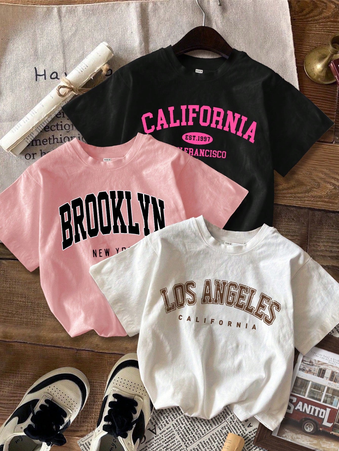 3pcs Casual & Simple Cartoon Letter Printed T-Shirt Set For Tween Girls, Summer