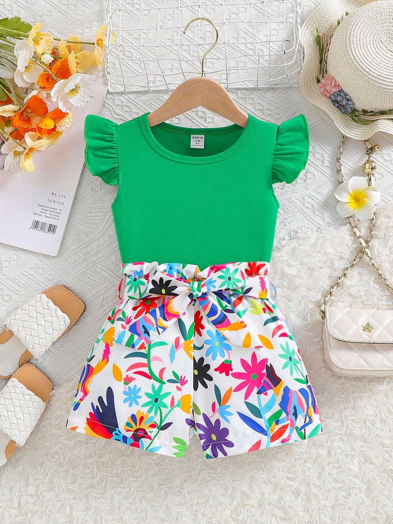 Young Girl Summer Vacation Solid Color Short Sleeve Top And Tropical Print Shorts Outfit