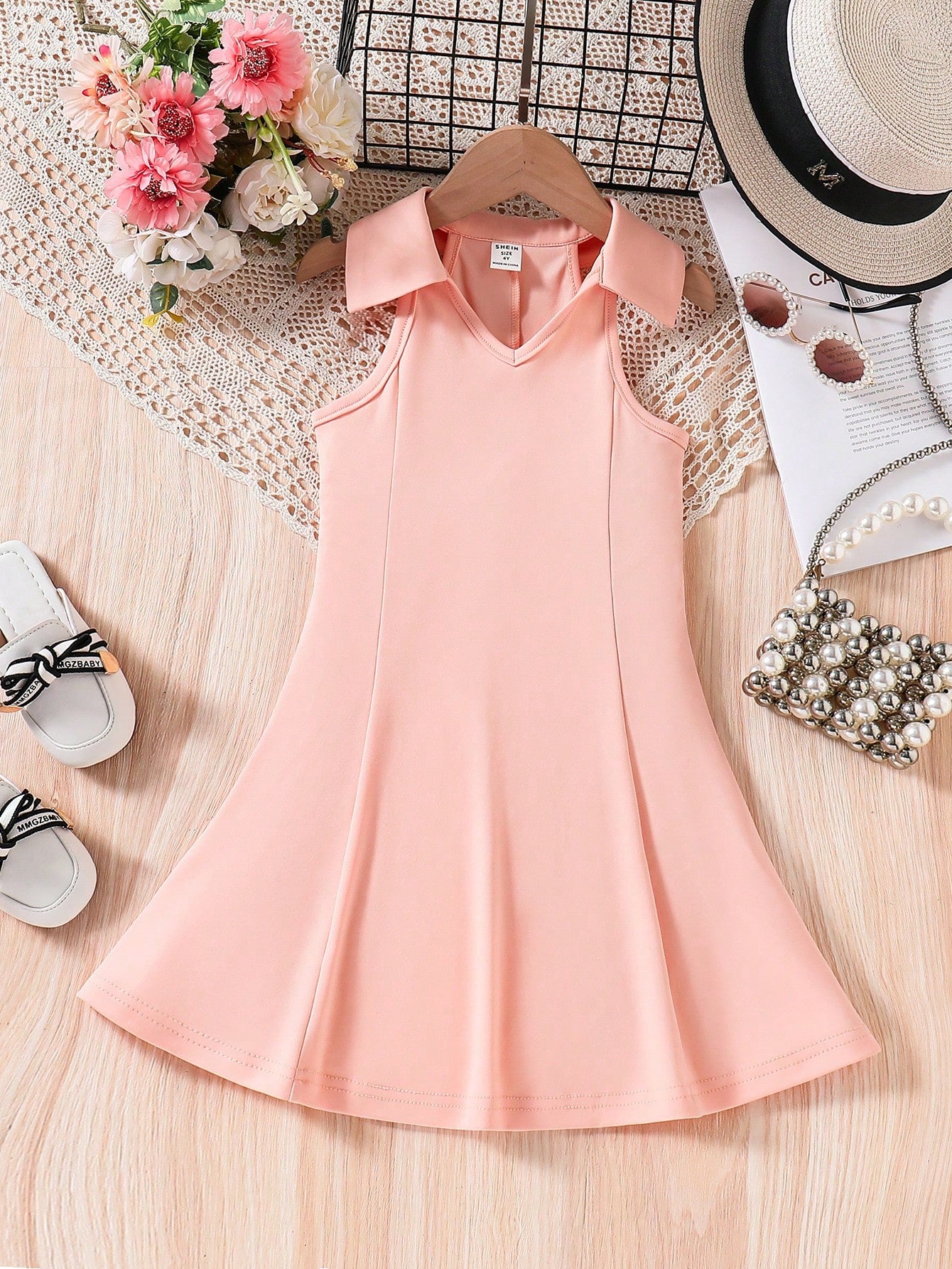 Young Girl Casual V-Neck Sleeveless Knitted Dress, Solid Color A-Line And Simple Design School Outfit