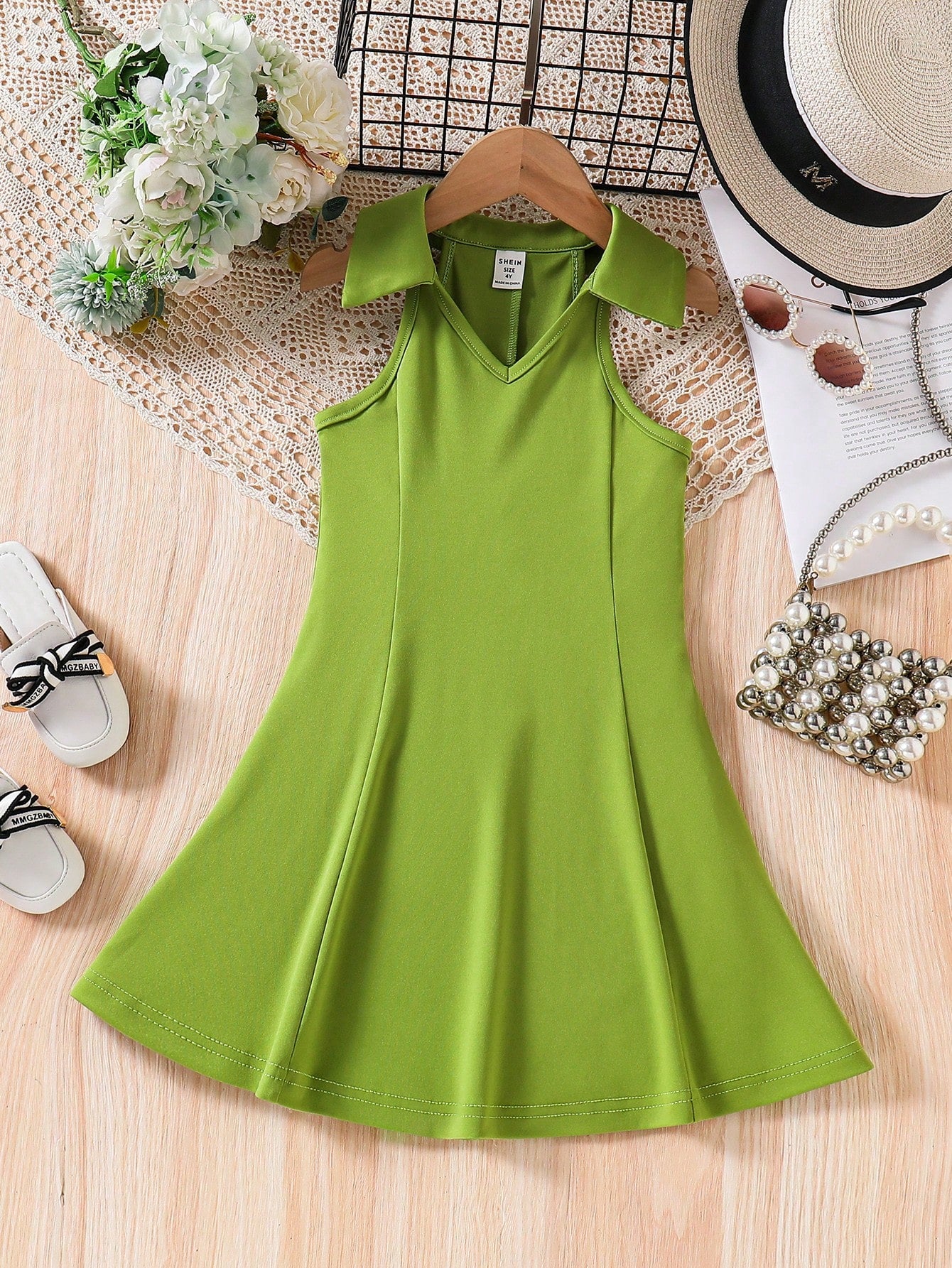 Young Girl Casual V-Neck Sleeveless Knitted Dress, Solid Color A-Line And Simple Design School Outfit