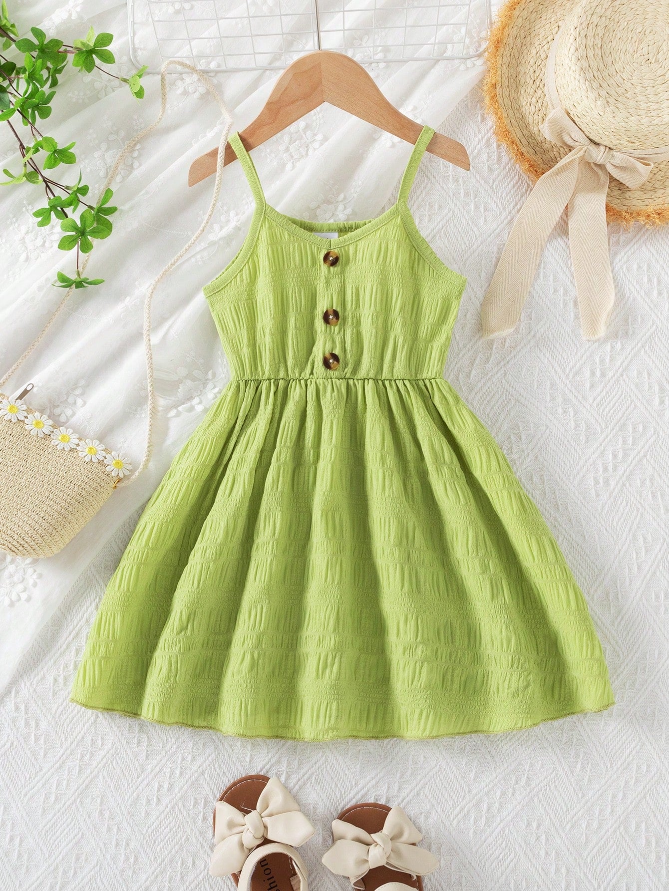 Young Girl Blue Spring Style V-neck Spaghetti Strap Dress With Rolled Edge And Gathered Waist, Summer