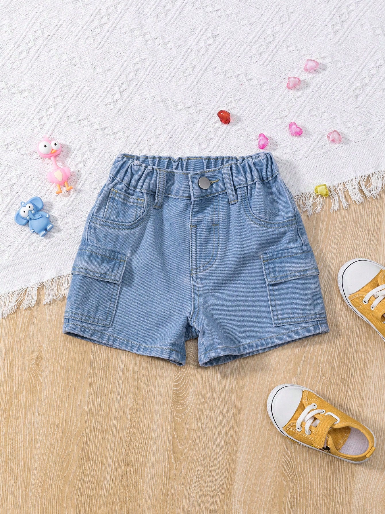 Young Girl Mid Washed Blue Denim Shorts With Folded Hem