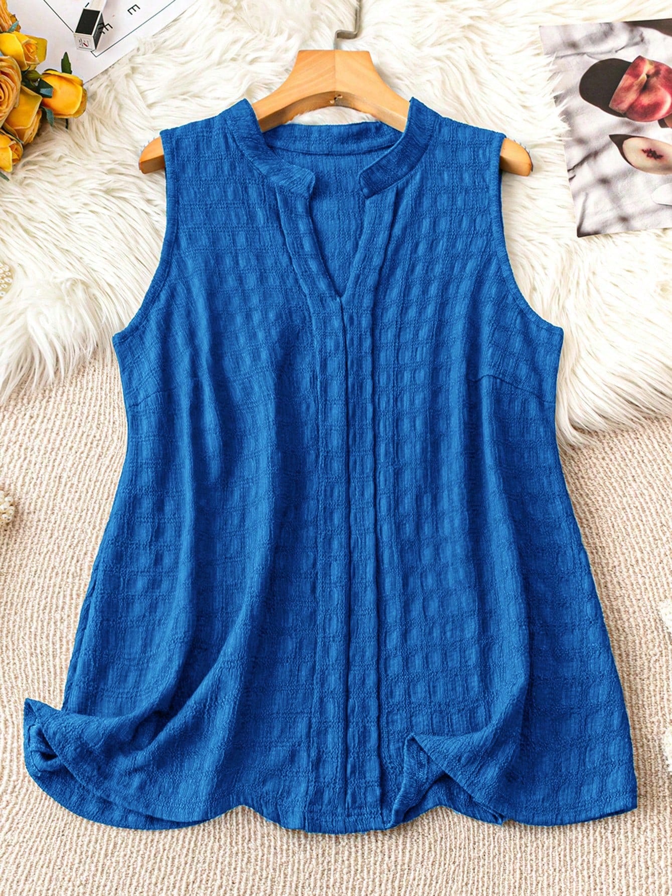 Plus Size Women Summer Solid Color Notched V Neck Loose Tank Top