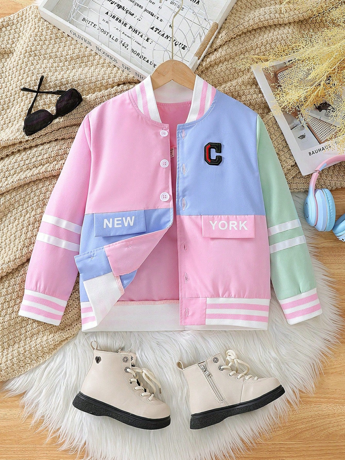 Tween Girls Letter Graphic Colorblock Bomber Jacket Without Tee