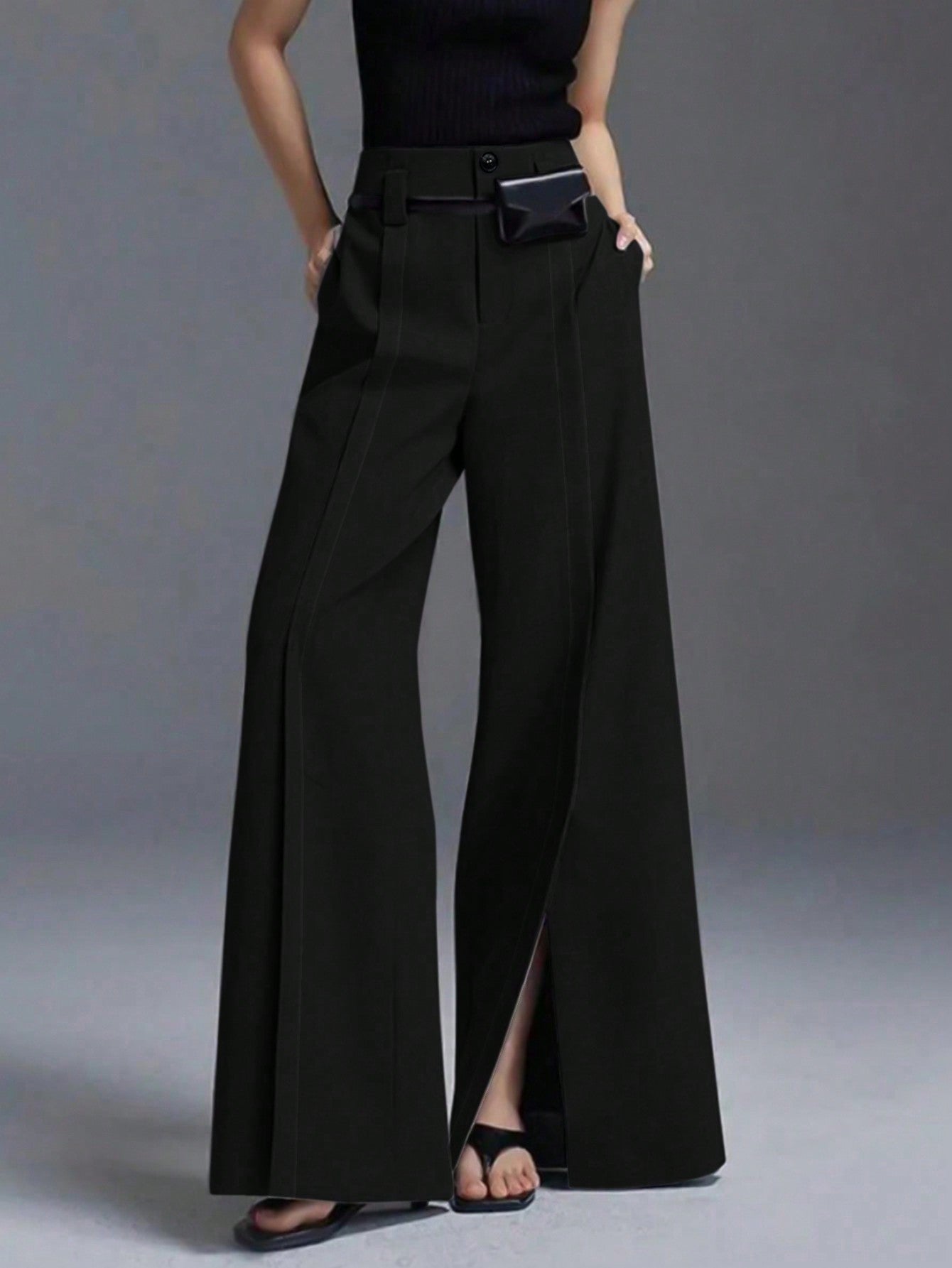 Casual Grey Slit Wide Leg Pants