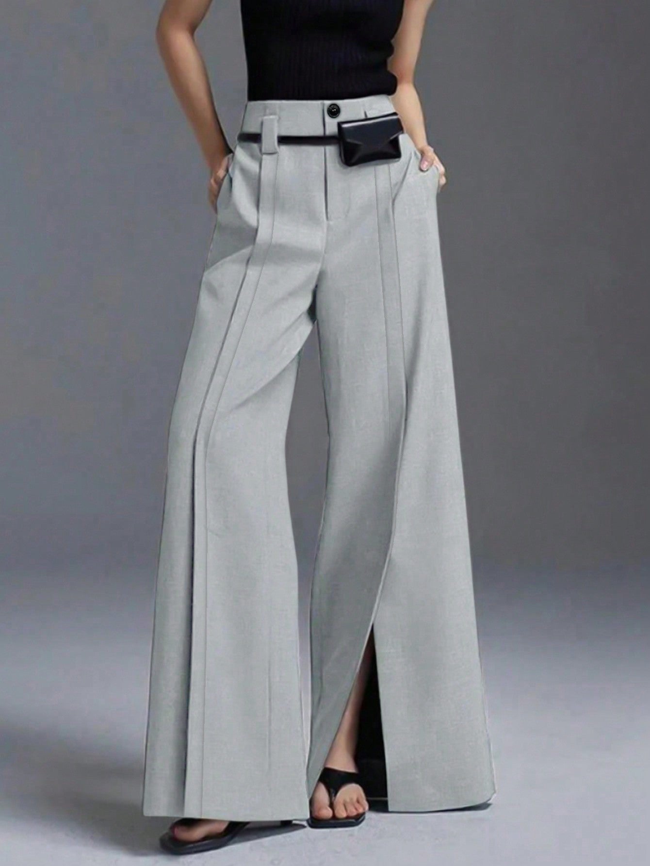 Casual Grey Slit Wide Leg Pants