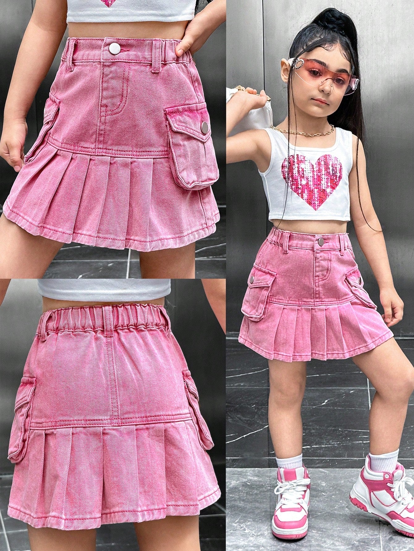 Young Girls' Summer Solid Color Pleated Denim Skirt With Pockets