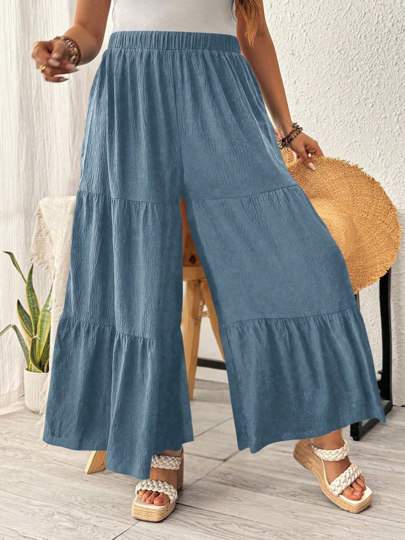 Plus Size Women's Solid Color Simple Loose Wide Leg Pants For Daily Wear