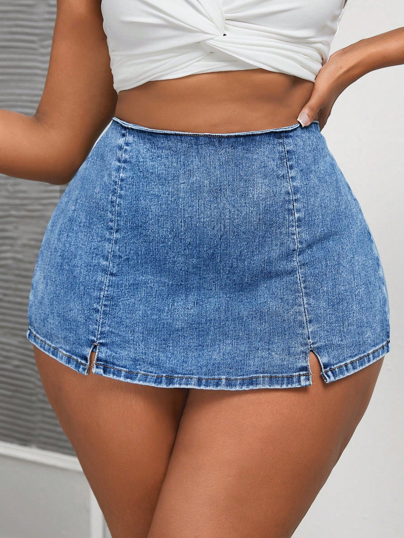 Plus Split Hem Denim Skort