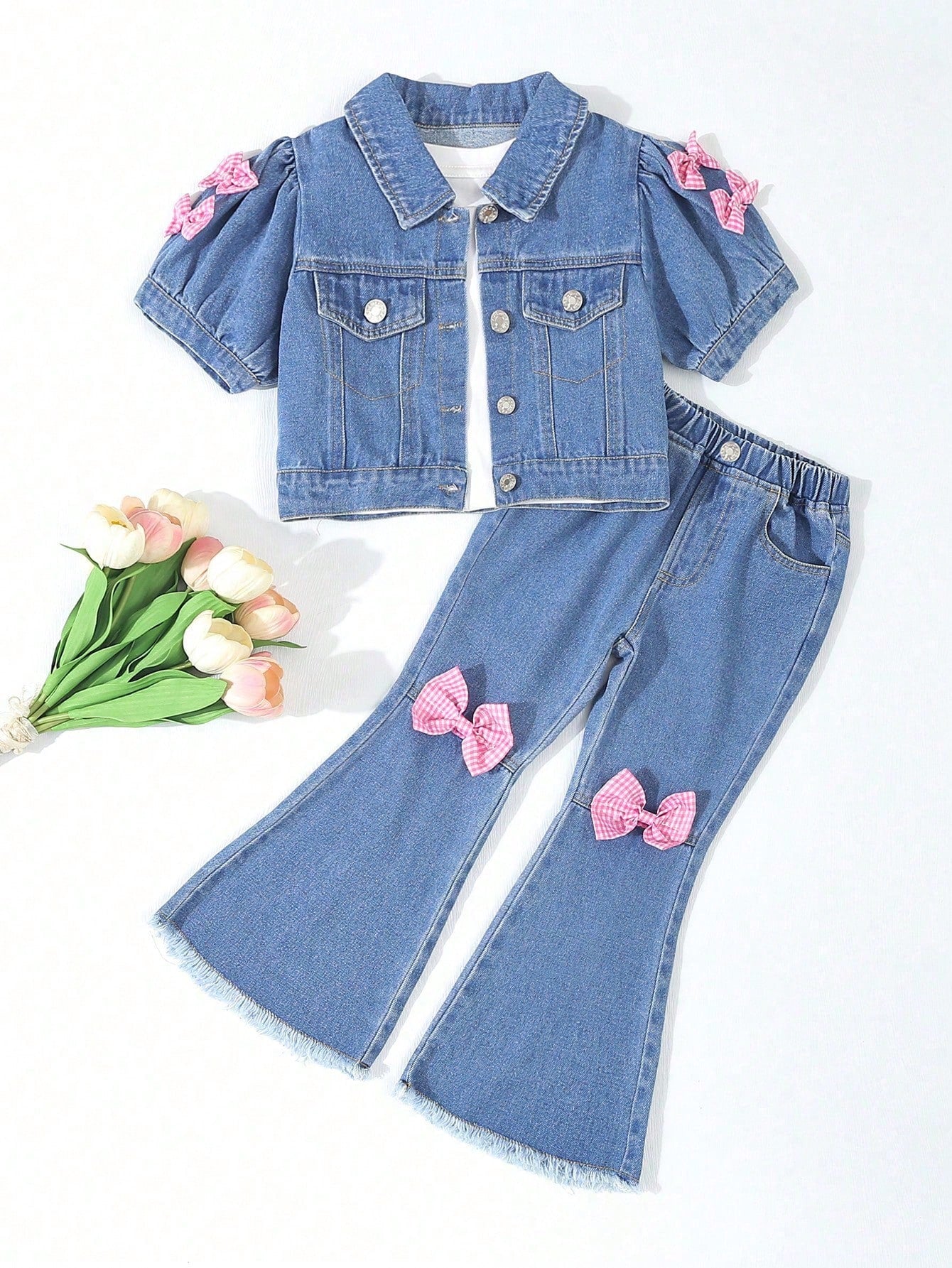 Young Girl Soft Washed Vacation Comfortable Cute Bowknot Puff Sleeve Denim Jacket & Flared Jeans Set