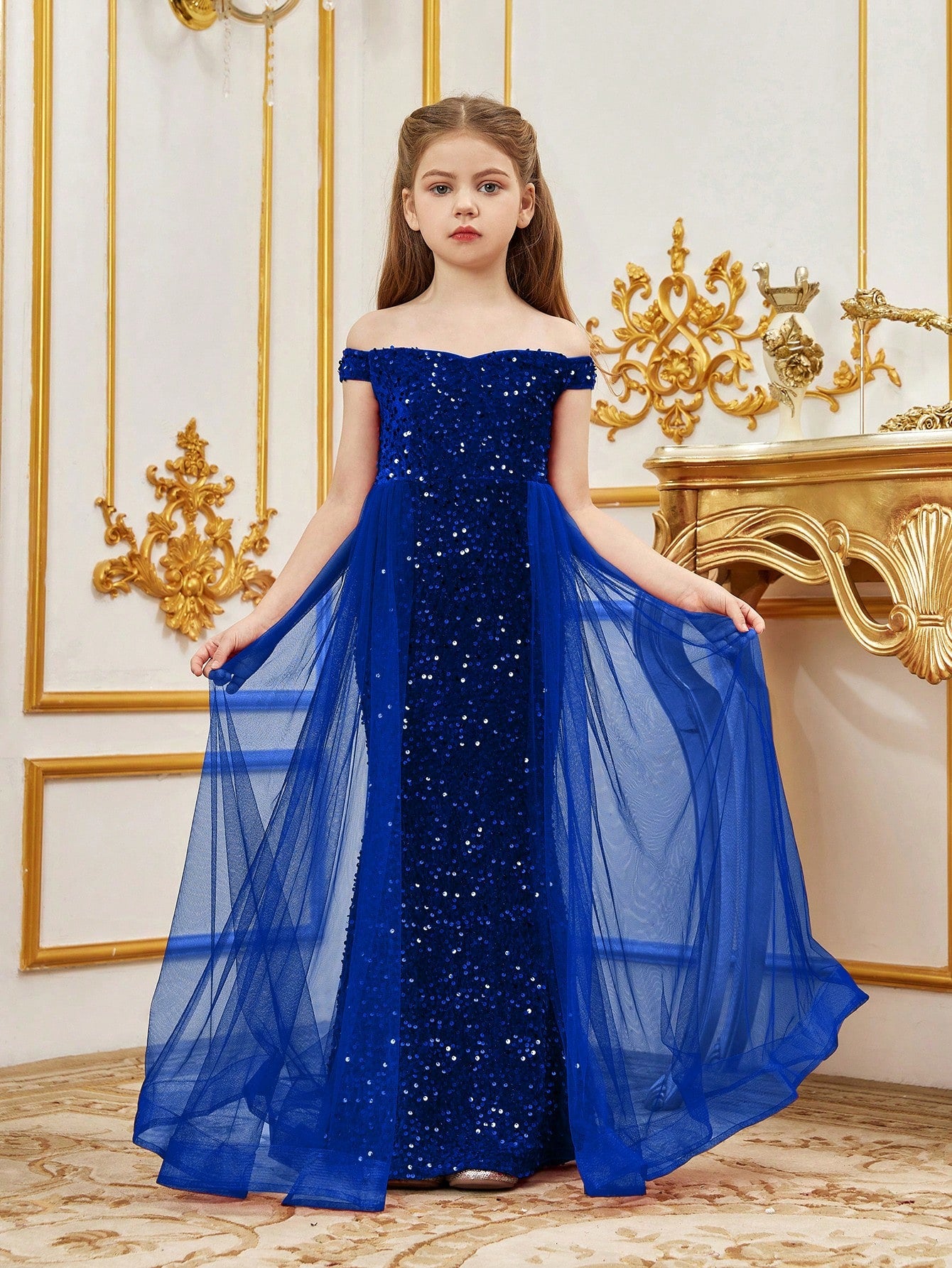 Tween Girl Off-Shoulder Waist Splicing Mesh Sequin Formal Dress