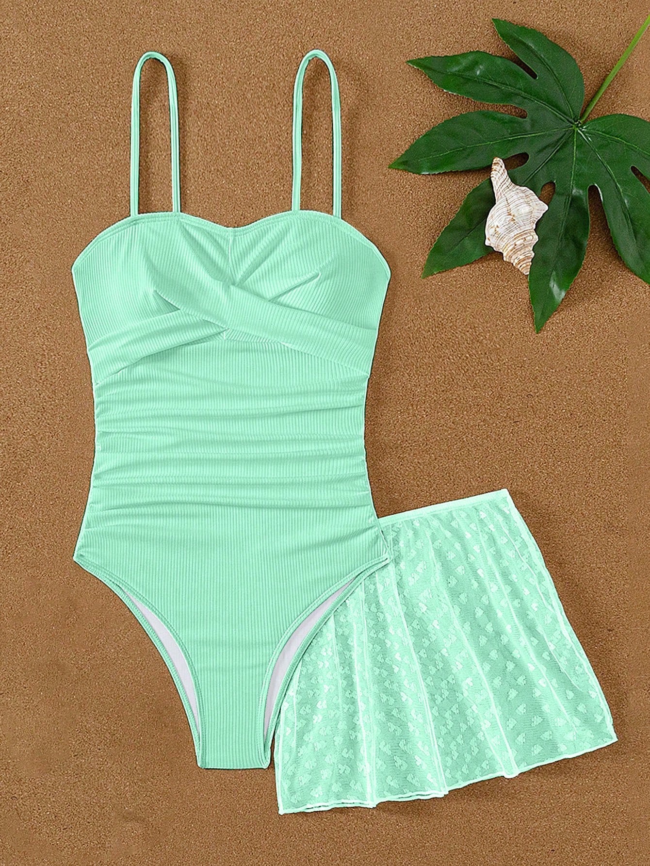 Teen Girls Solid Color Ruched One-Piece Swimsuit With Skirt For Summer Beach Vacation