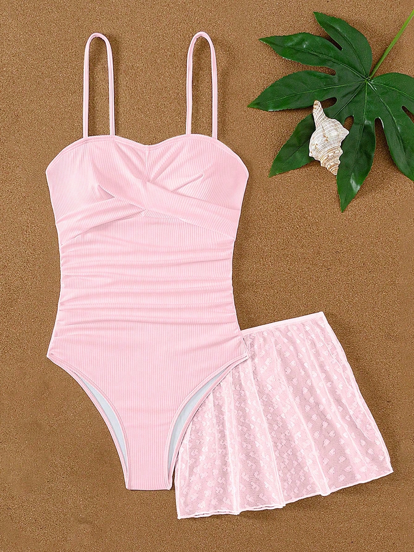 Teen Girls Solid Color Ruched One-Piece Swimsuit With Skirt For Summer Beach Vacation