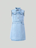Streecool Kids Teenage Girls' Personalized Design Denim Dress With Cut Waistline, Casual Street Style, Light Blue Washed, Sleeveless