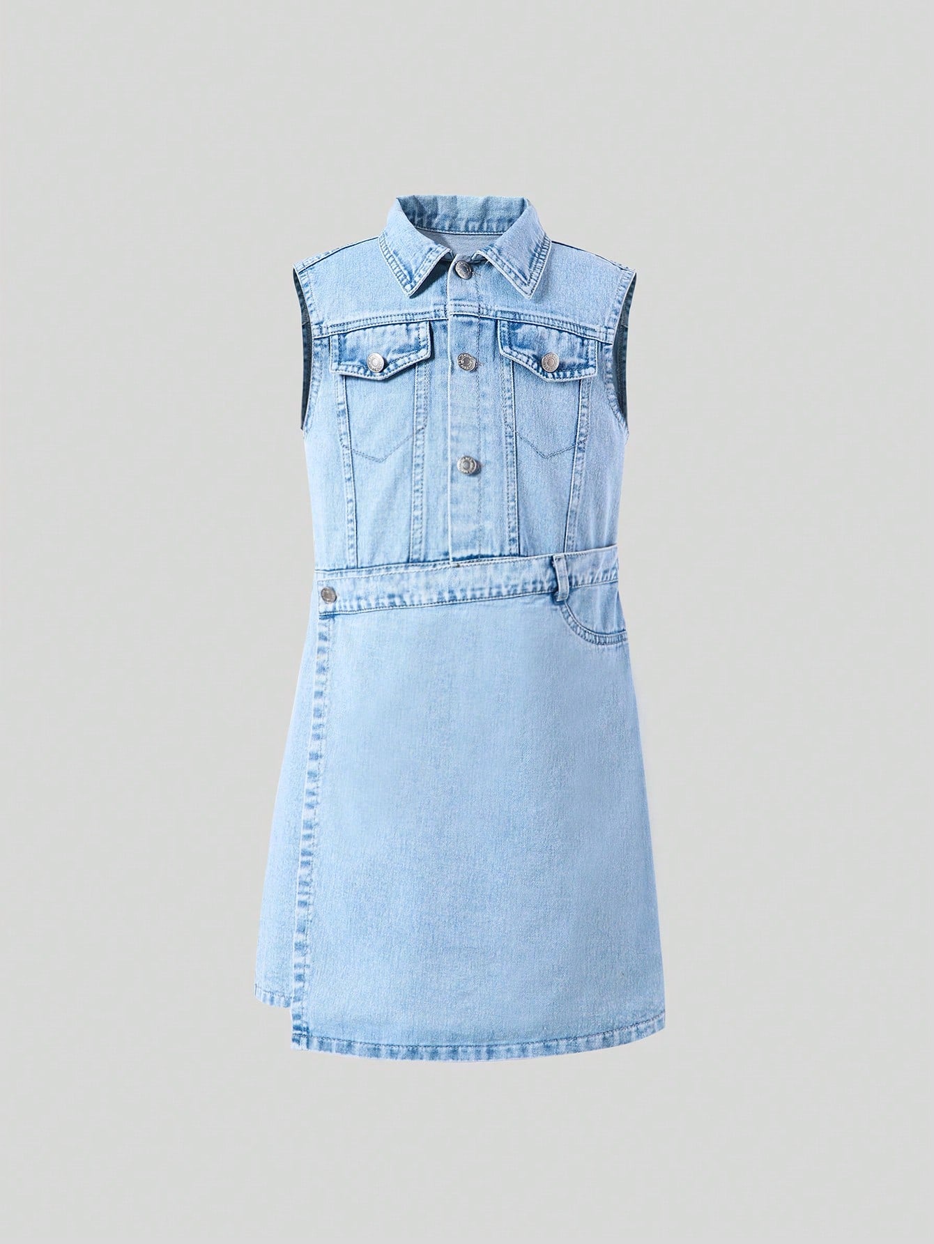 Streecool Kids Teenage Girls' Personalized Design Denim Dress With Cut Waistline, Casual Street Style, Light Blue Washed, Sleeveless