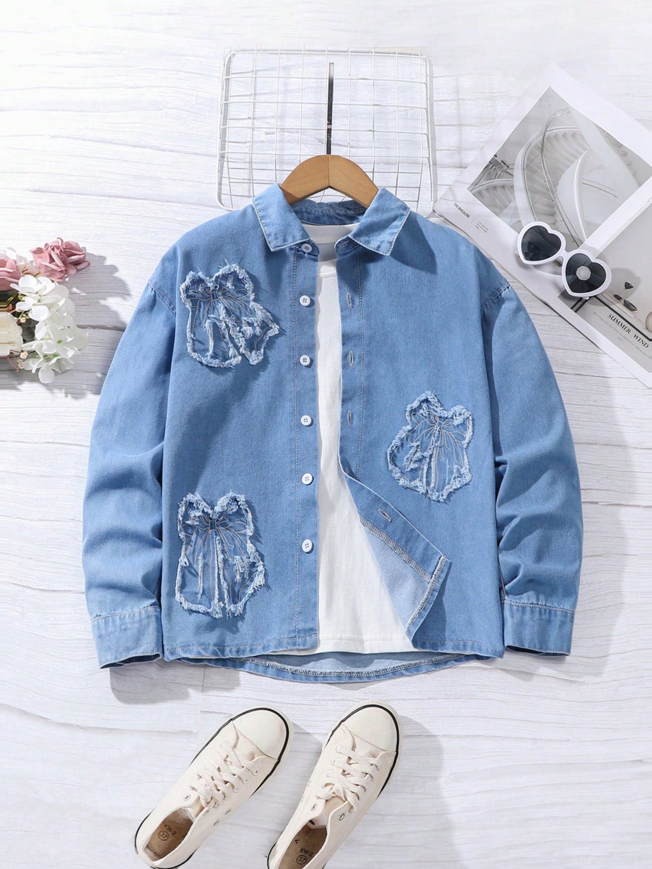 Streecool Kids Girls' Cute Bowknot Y2K Style Embroidered Light Blue Denim Long Sleeve Shirt