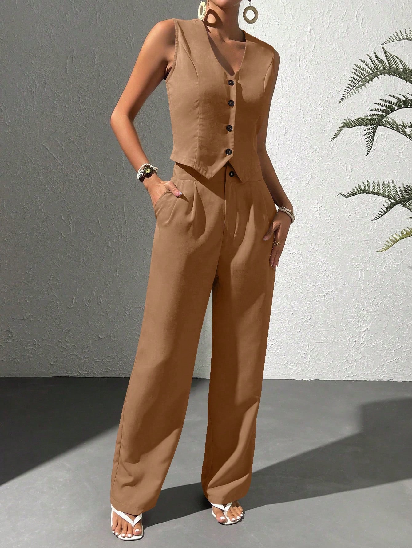 Women's Summer Solid Color Single Breasted Suit Vest And Pants Casual Work Outfit