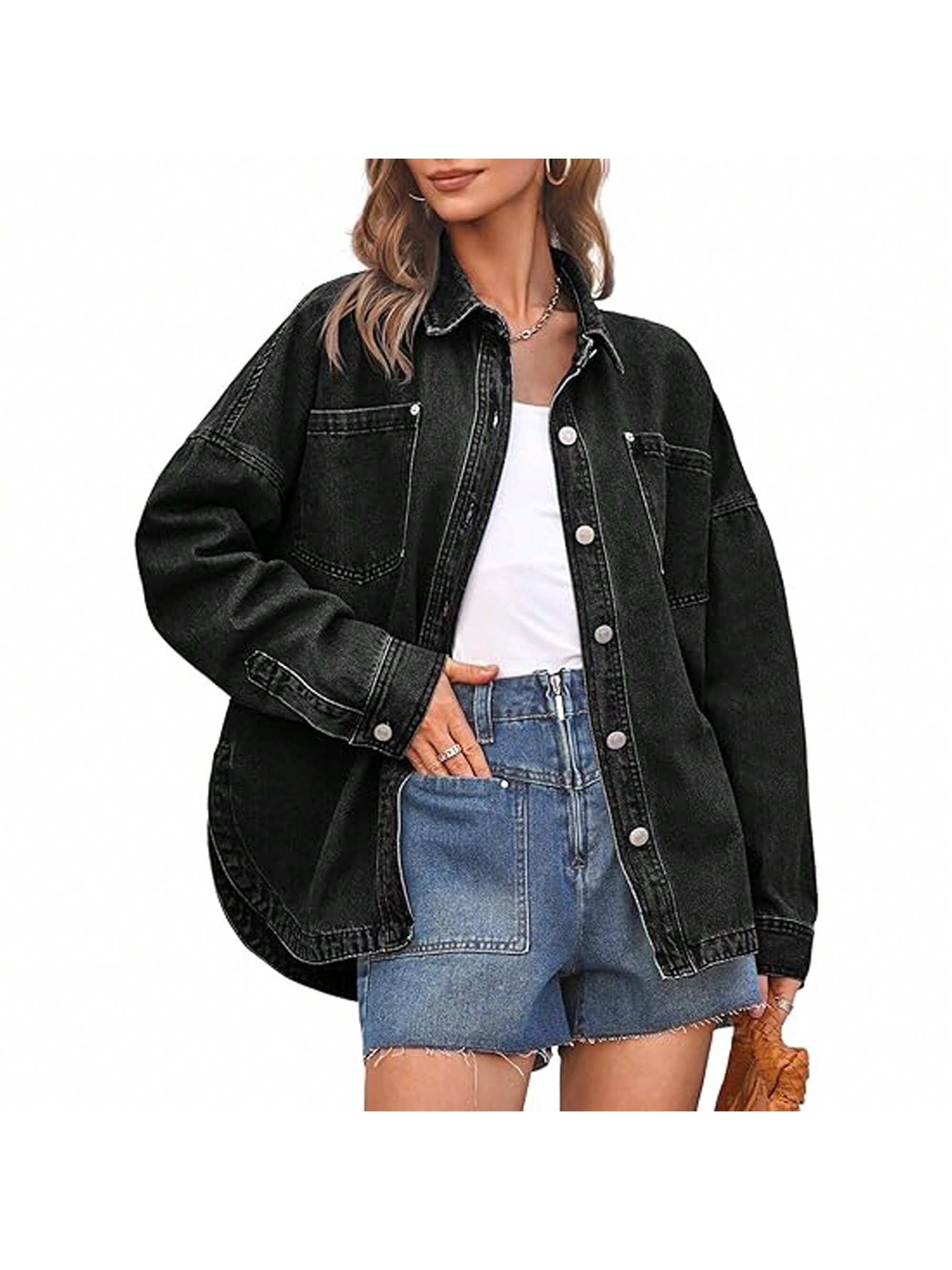 PiePieBuy Women's Oversized Denim Jacket Long Sleeve Vintage Button Down Boyfriend Jean Jacket