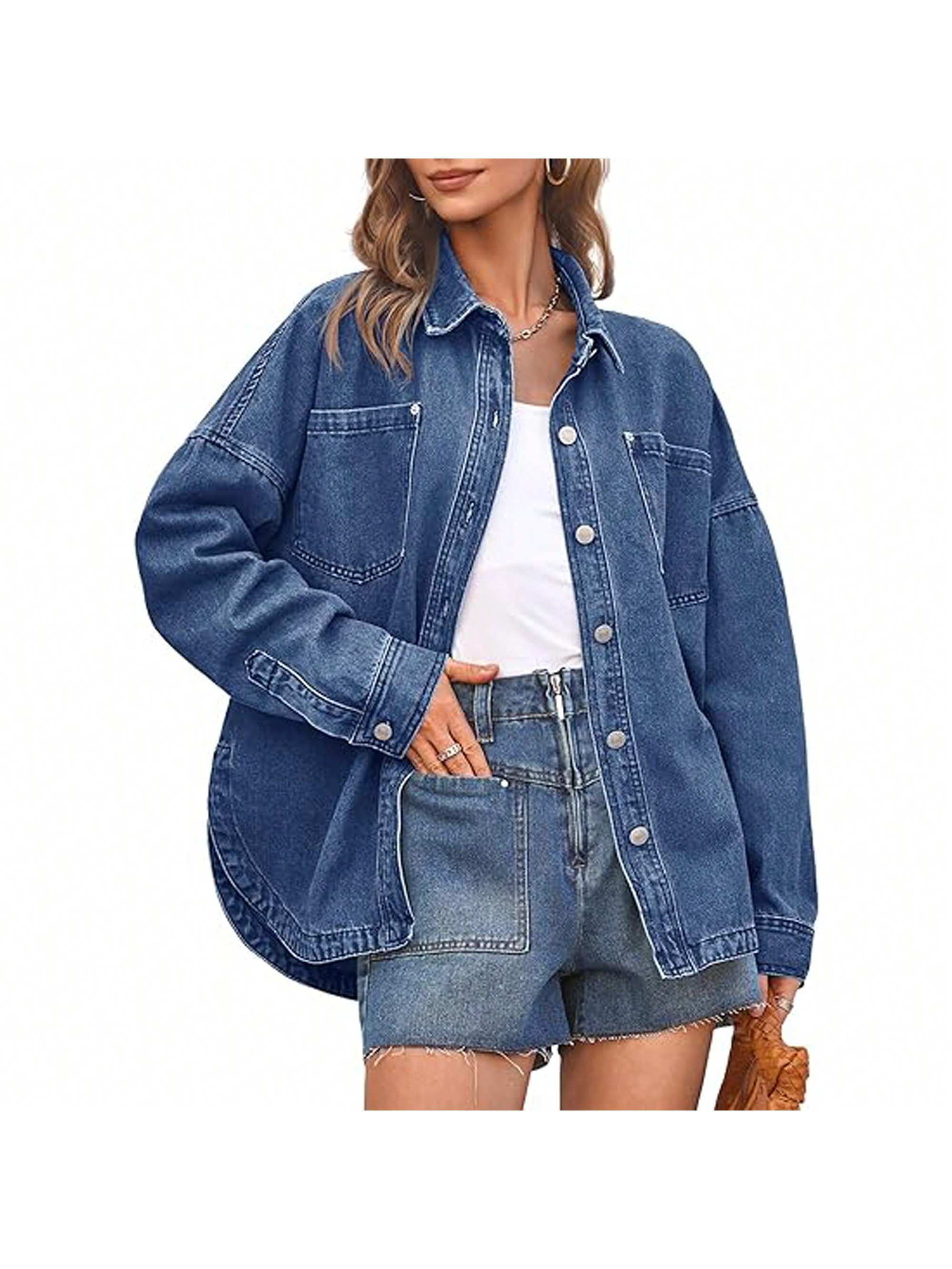 PiePieBuy Women's Oversized Denim Jacket Long Sleeve Vintage Button Down Boyfriend Jean Jacket