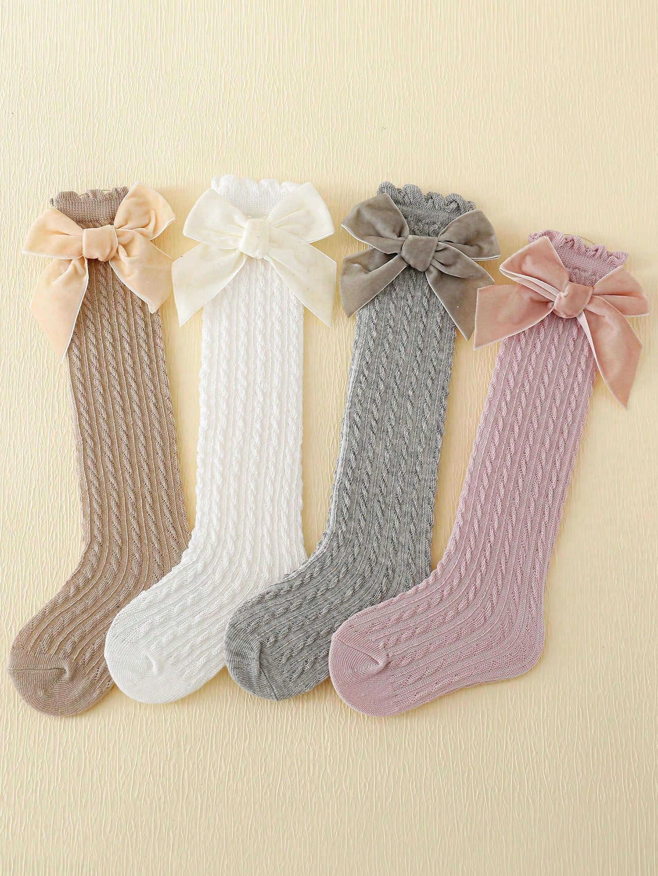 4pairs Children's Solid Color Bowknot Bubble Tube Socks Suitable For Daily Wear