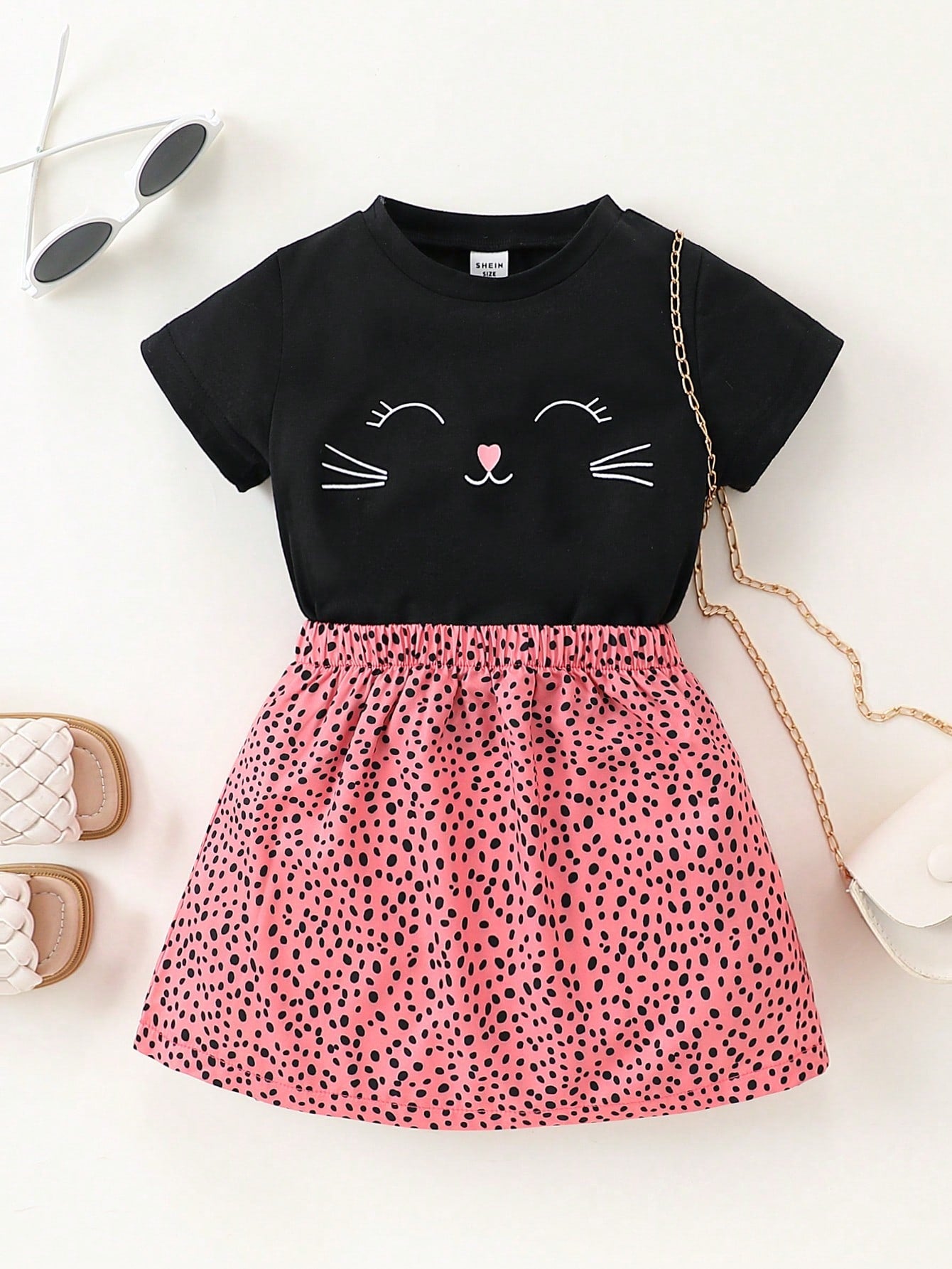 Young Girl Cartoon Graphic Tee & Confetti Print Skirt