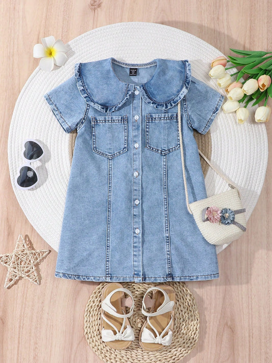 Girls' Peter Pan Collar Single-Breasted Casual Summer Short Sleeve Dress