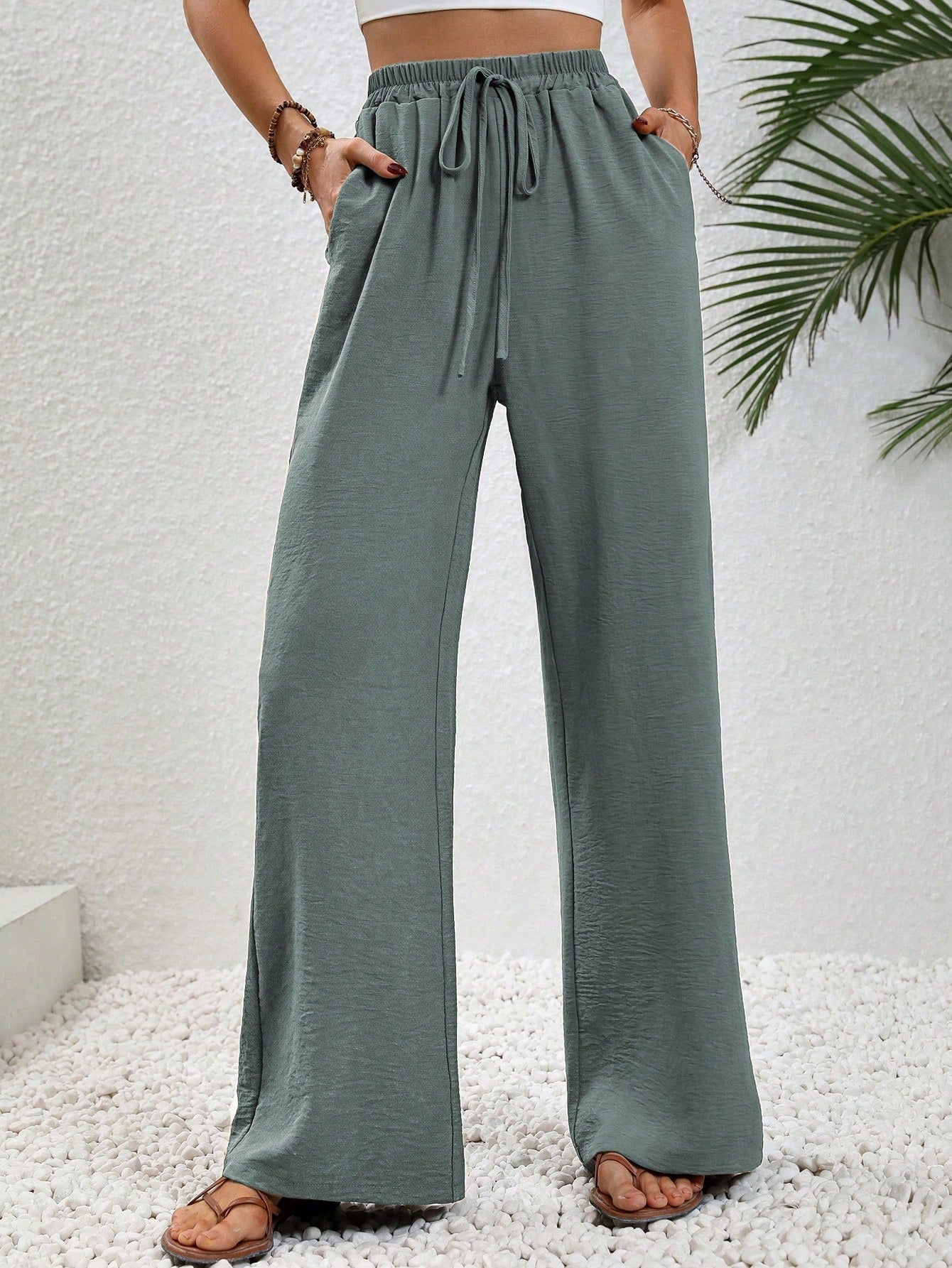 Knot Waist Slant Pocket Wide Leg Pants