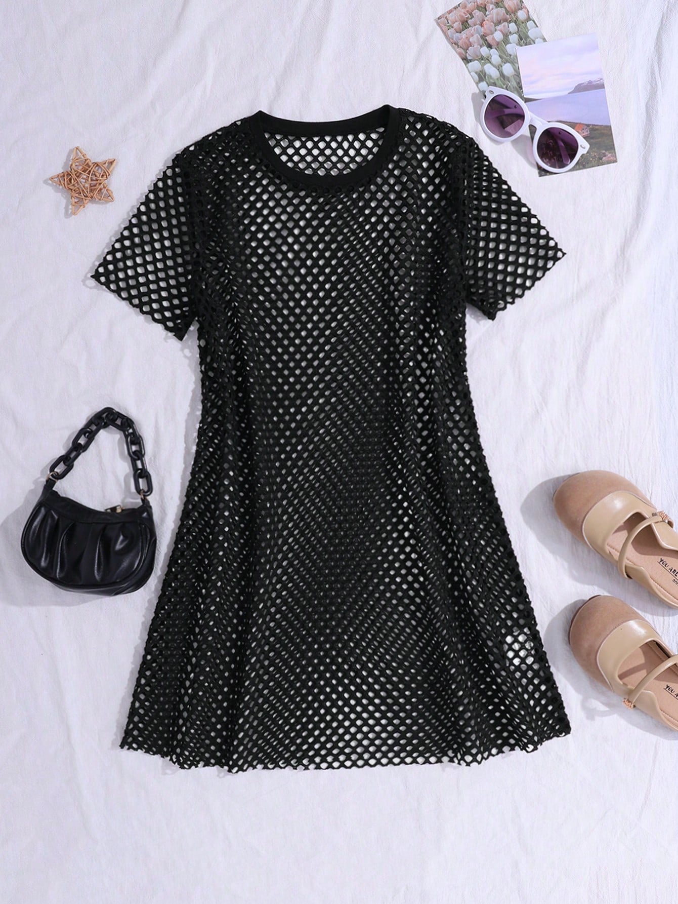 Tween Girl Daily Casual Knit Mesh Round Neck Short Sleeve Cover Up