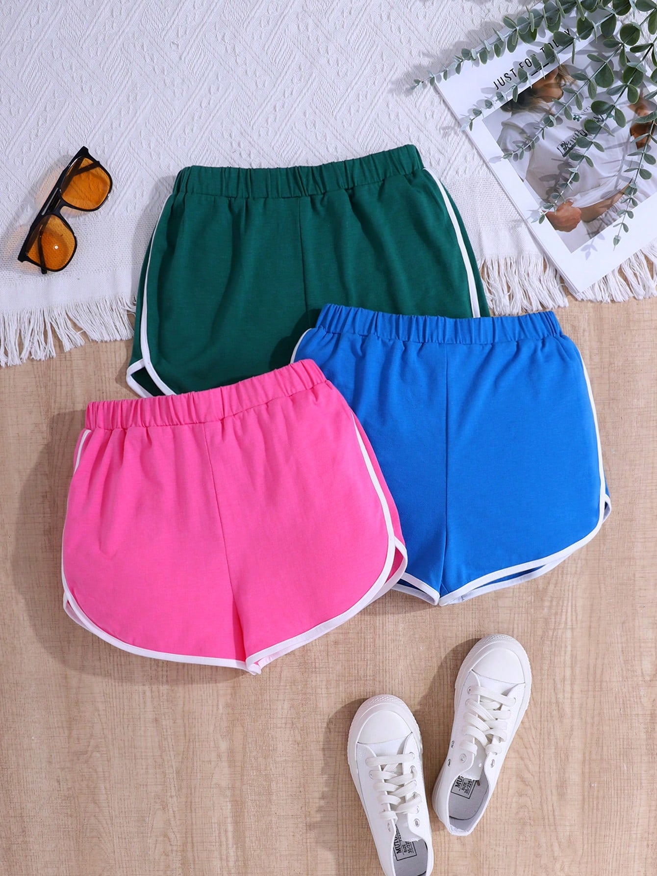 3pcs/Set Knitted Color-Block Loose-Fit Shorts With Contrast Hem For Tween Girls