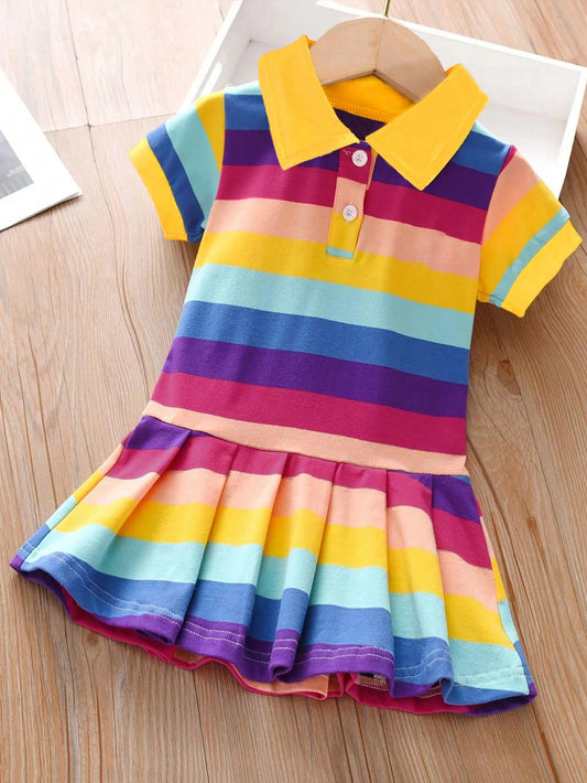 Young Girl Rainbow Print Pleated Collared Open Chest Jumpsuit Dress, Suitable For Spring, Summer And Autumn