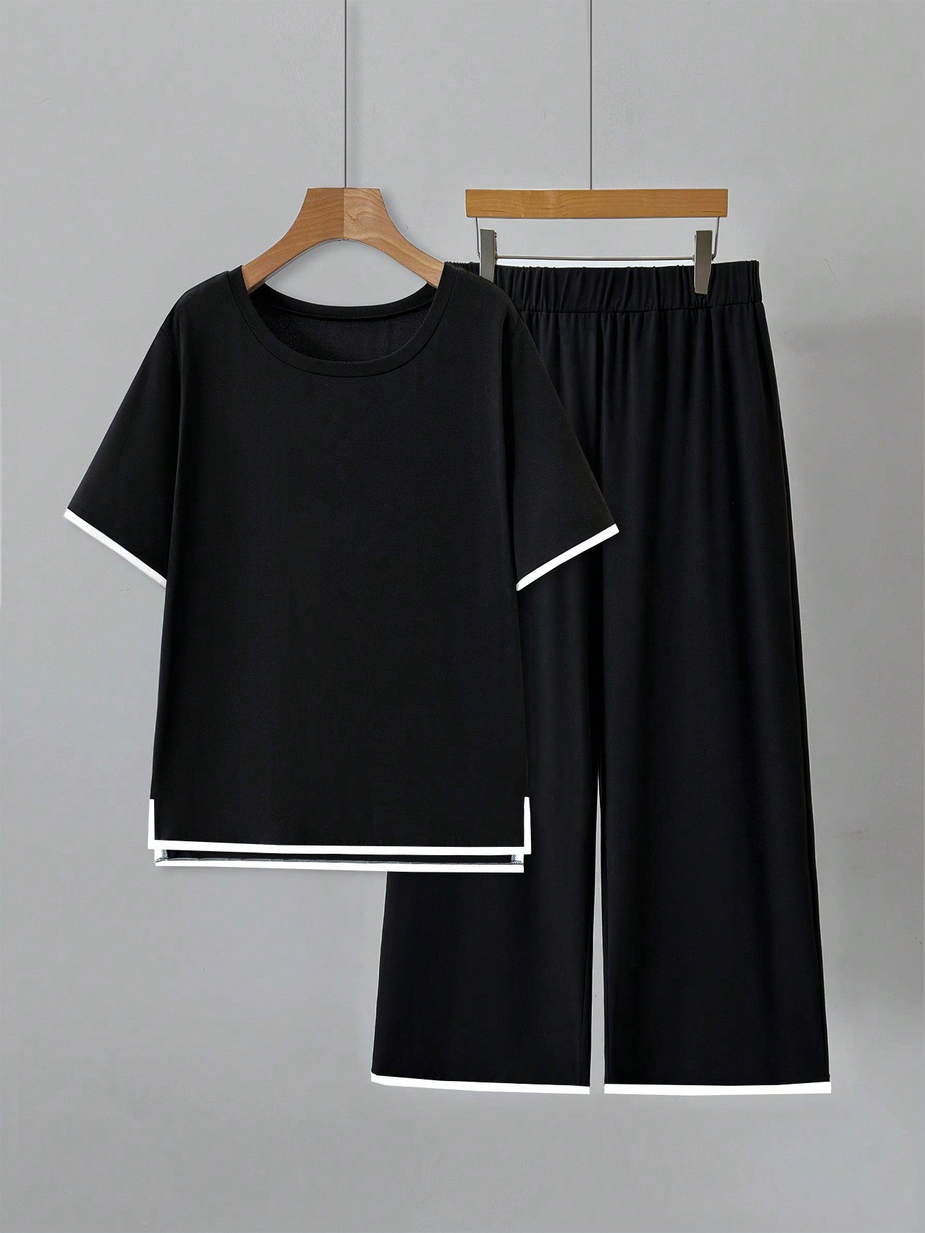 Plus Contrast Trim Tee & Wide Leg Pants For Summer