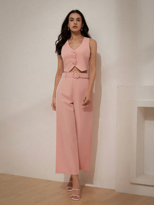 Elegant Pink Solid Color Women's Vest With Wide Waist Belt, Commute Style Suit