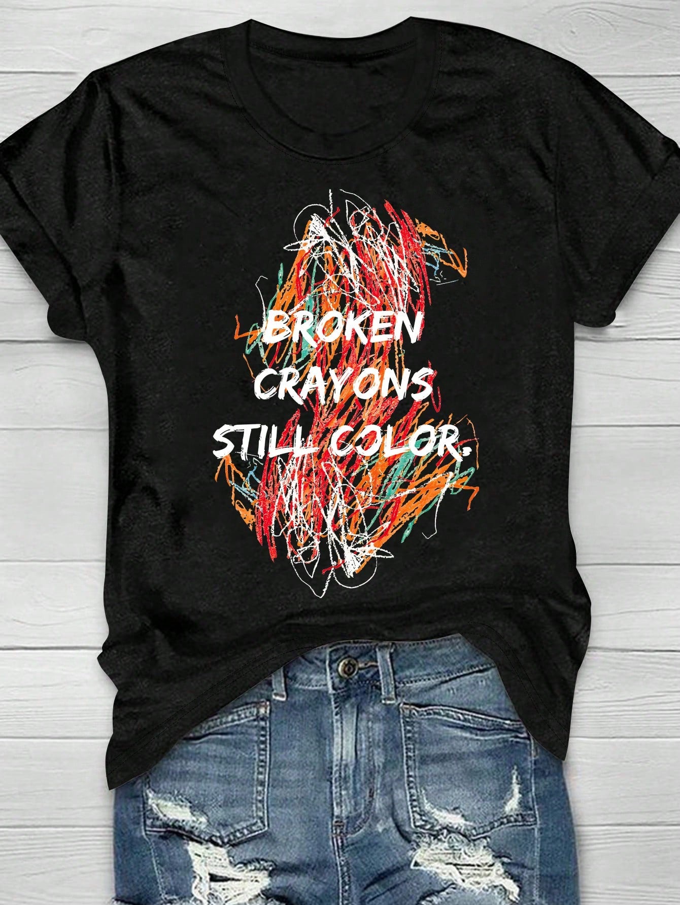 Plus Size Graffiti Line Art Print Casual Regular Short Sleeve T-Shirt BROKEN CRAYONS STILL COLOR