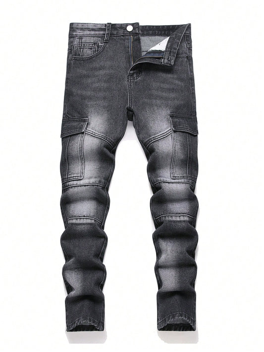 Teen Boy Black Side-Pocket Bone Design Slim Straight Leg Jeans