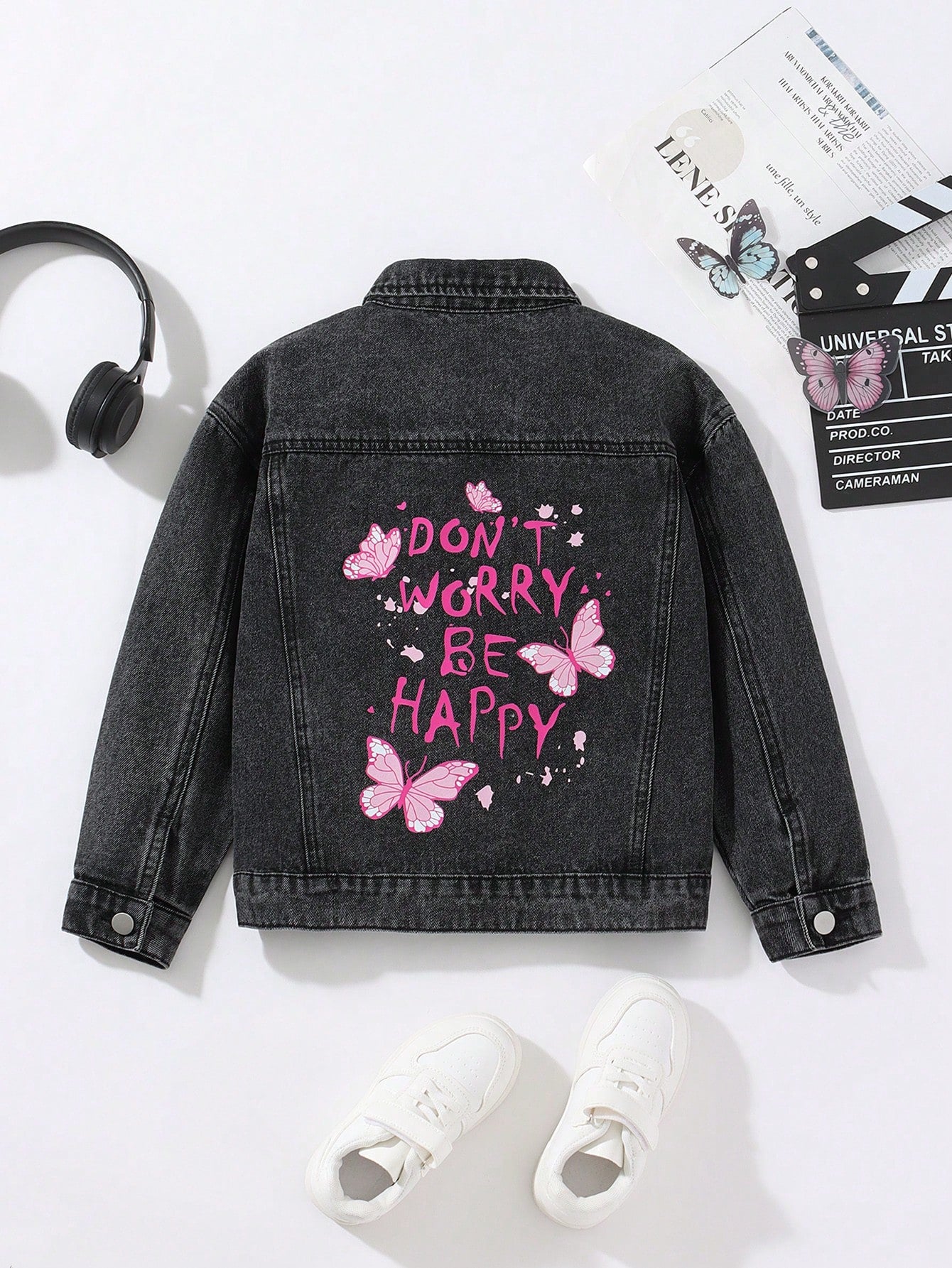 Streecool Kids Girls' Loose Regular Fit Pink Butterfly & Letter Printed Denim Jacket