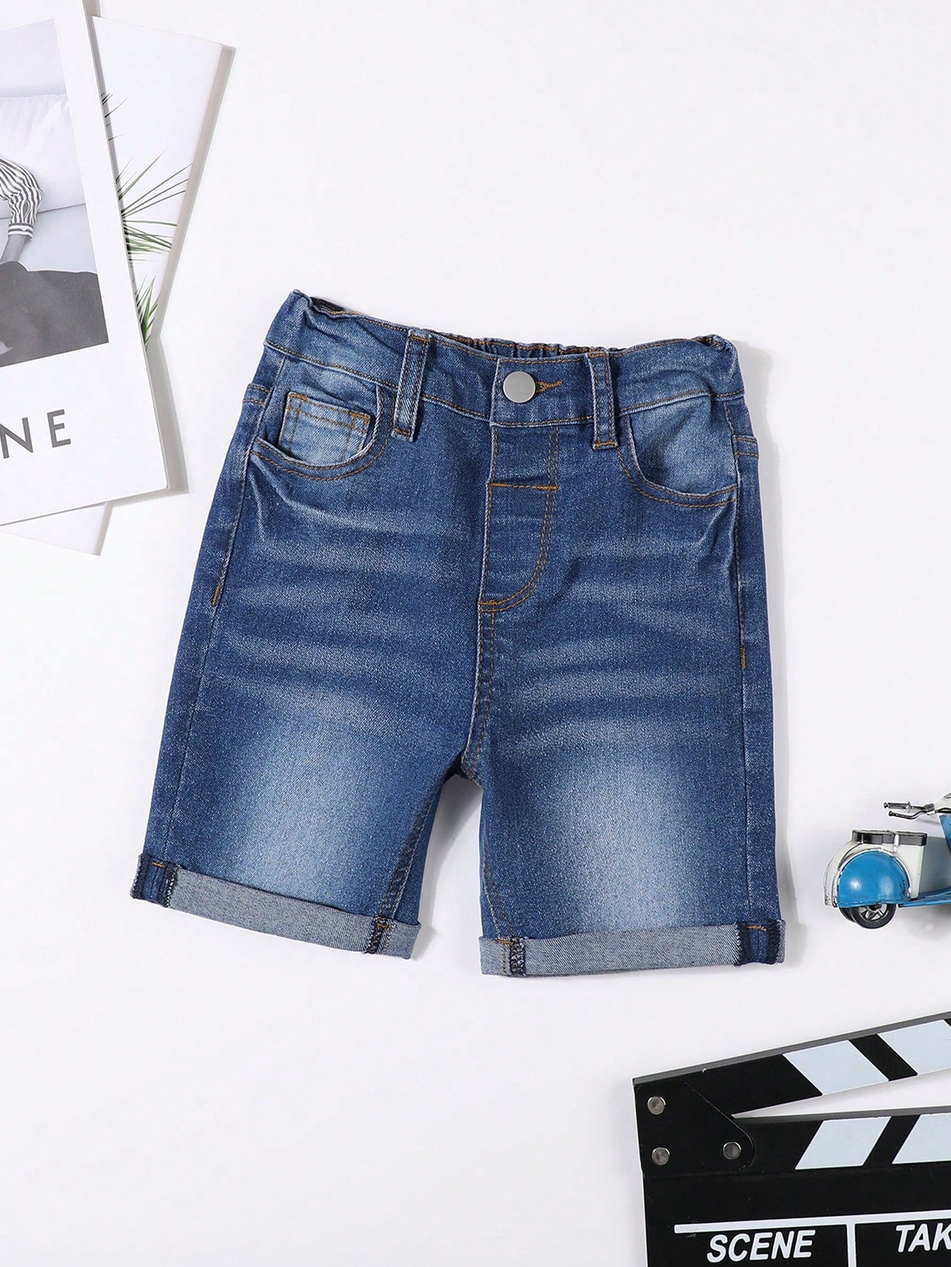 Young Boy Casual Summer Outdoor Micro-Elastic Black Denim Jeans Shorts, Personality And Versatile