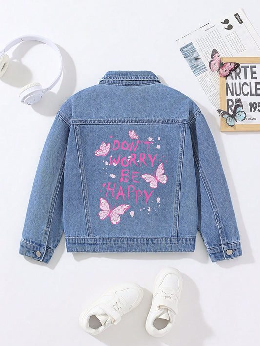 Streecool Kids Girls' Loose Regular Fit Pink Butterfly & Letter Printed Denim Jacket