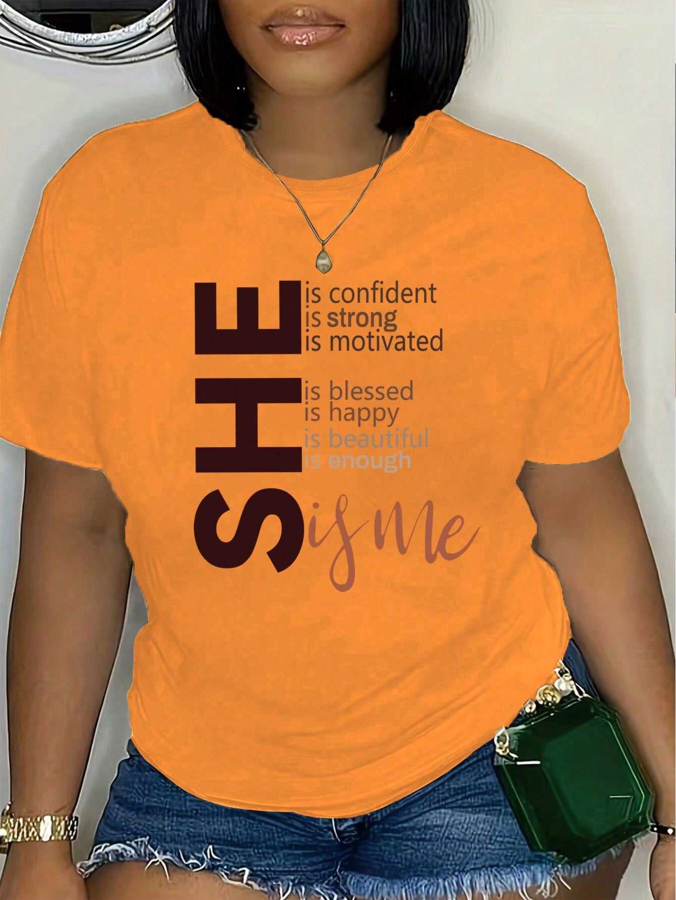 Plus Short-Sleeved T-Shirt With Slogan SHE Is Confident Is Strong Is Motivated Is Happy Is Beautiful Is Enough Is Me