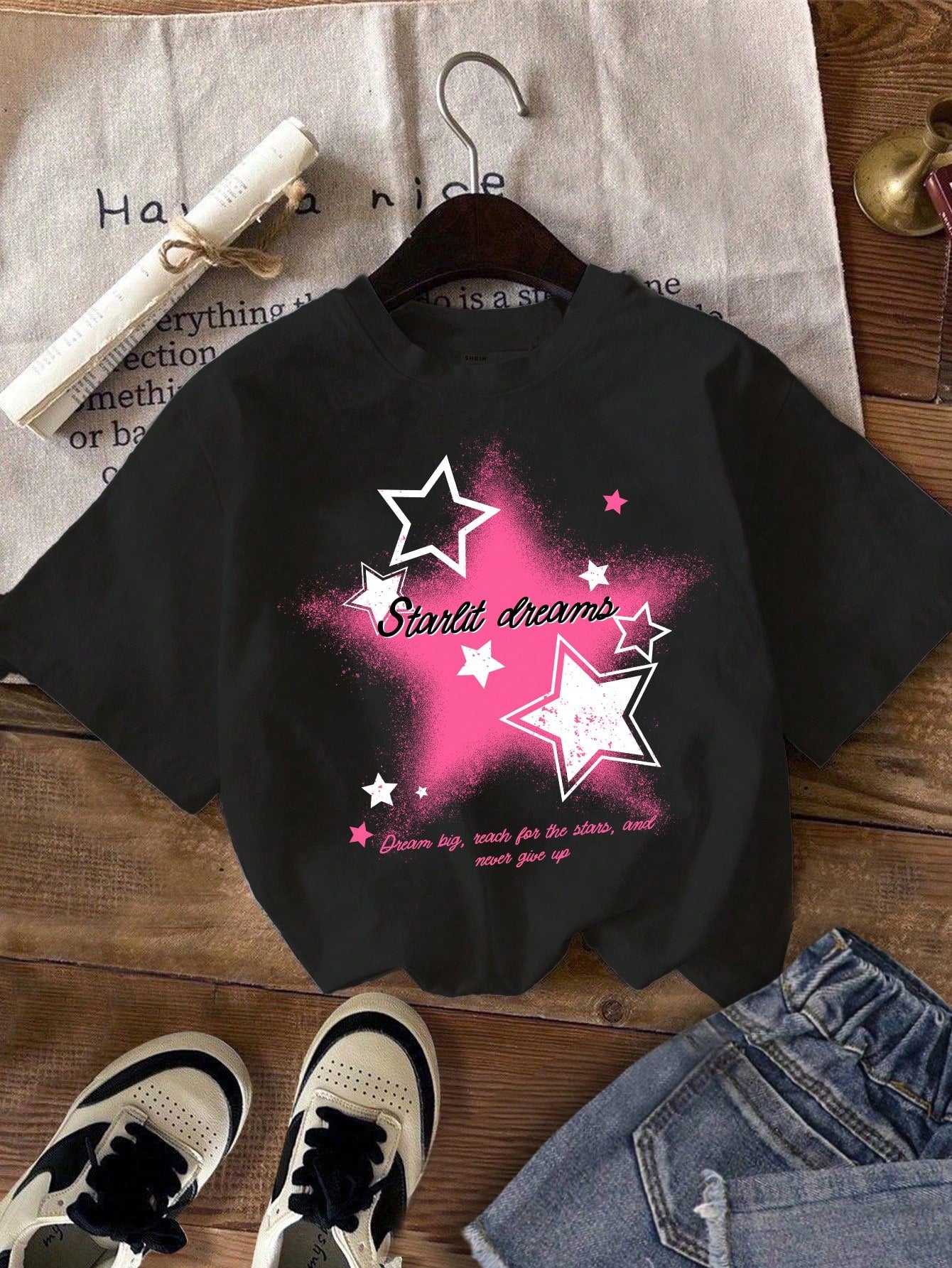 Tween Girl Casual Simple Star Printed T-Shirt, Summer